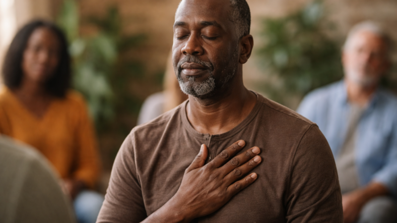 Man practicing mindful breathing with hand on chest in a group setting