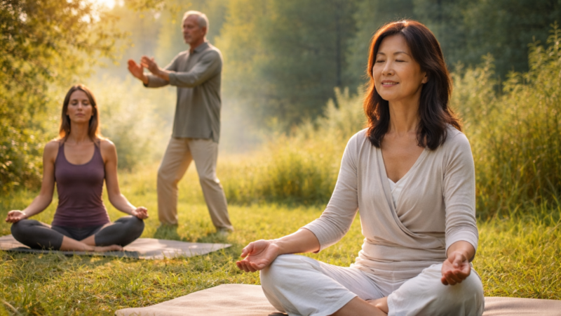 People practicing yoga, meditation, and qi gong outdoors