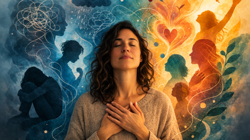 Person in meditation surrounded by symbolic inner emotional parts.