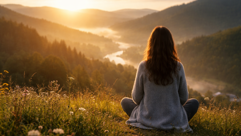 Person sitting on a hill overlooking a glowing valley at sunset