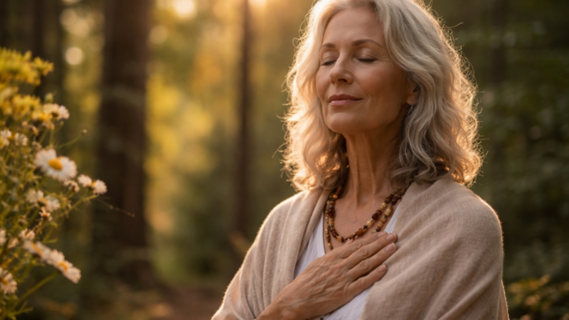 Serene older woman in nature with hand on heart