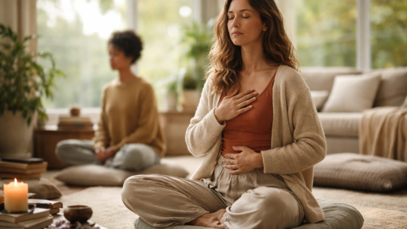 Woman meditating in a calm, sunlit room