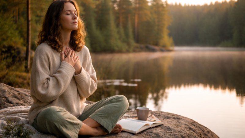 Woman meditating peacefully by a lakeside at sunset